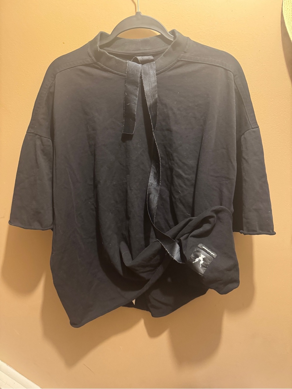 Rick Owens Black Short Sleeve Tee with Ribbon Detail